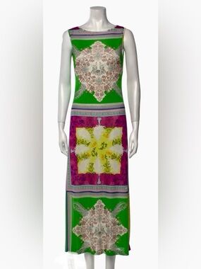 Etro Sleeveless Green & Pink Printed Maxi Dress